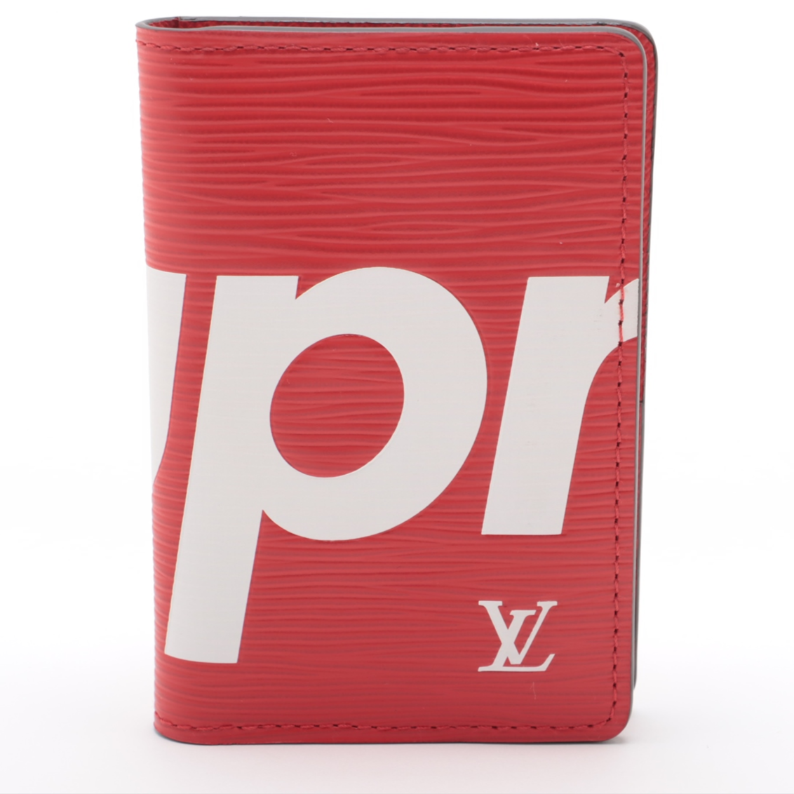 Red wallet with white logo on a white background